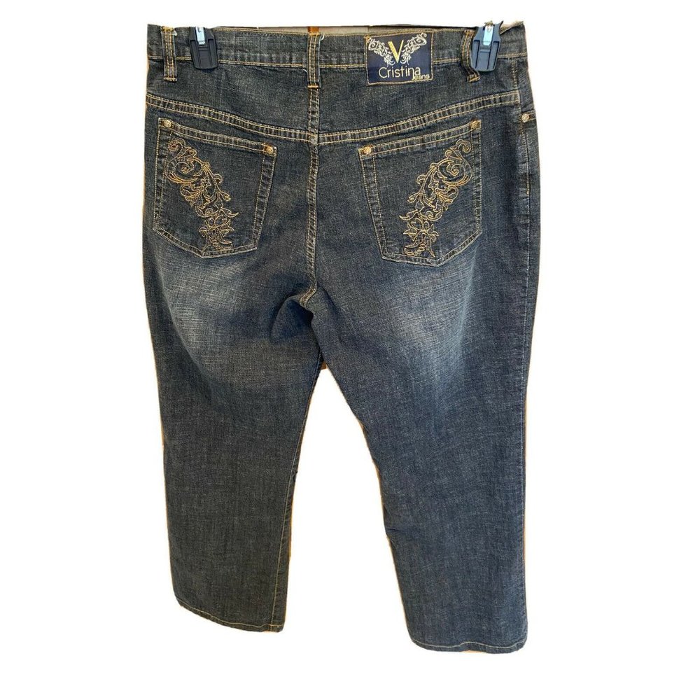 V Cristina Womens Boot Cut Jeans Blue Stretch Embroidered High Rise Denim 14